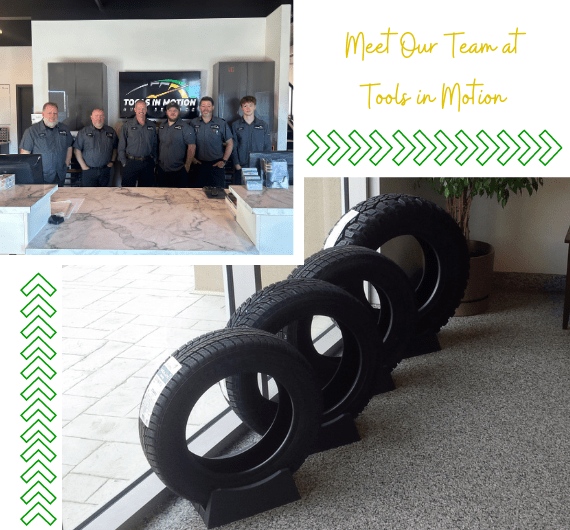 Tools in Motion team at the About Us section, showcasing tire display and staff.