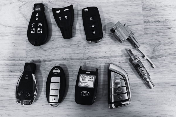 Remote car key fobs and locksmith tools for automotive security.