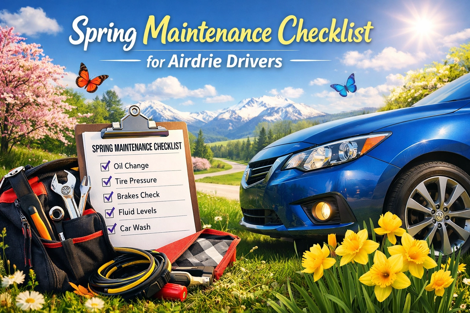 Spring car maintenance checklist with tools and checklist for Airdrie drivers.