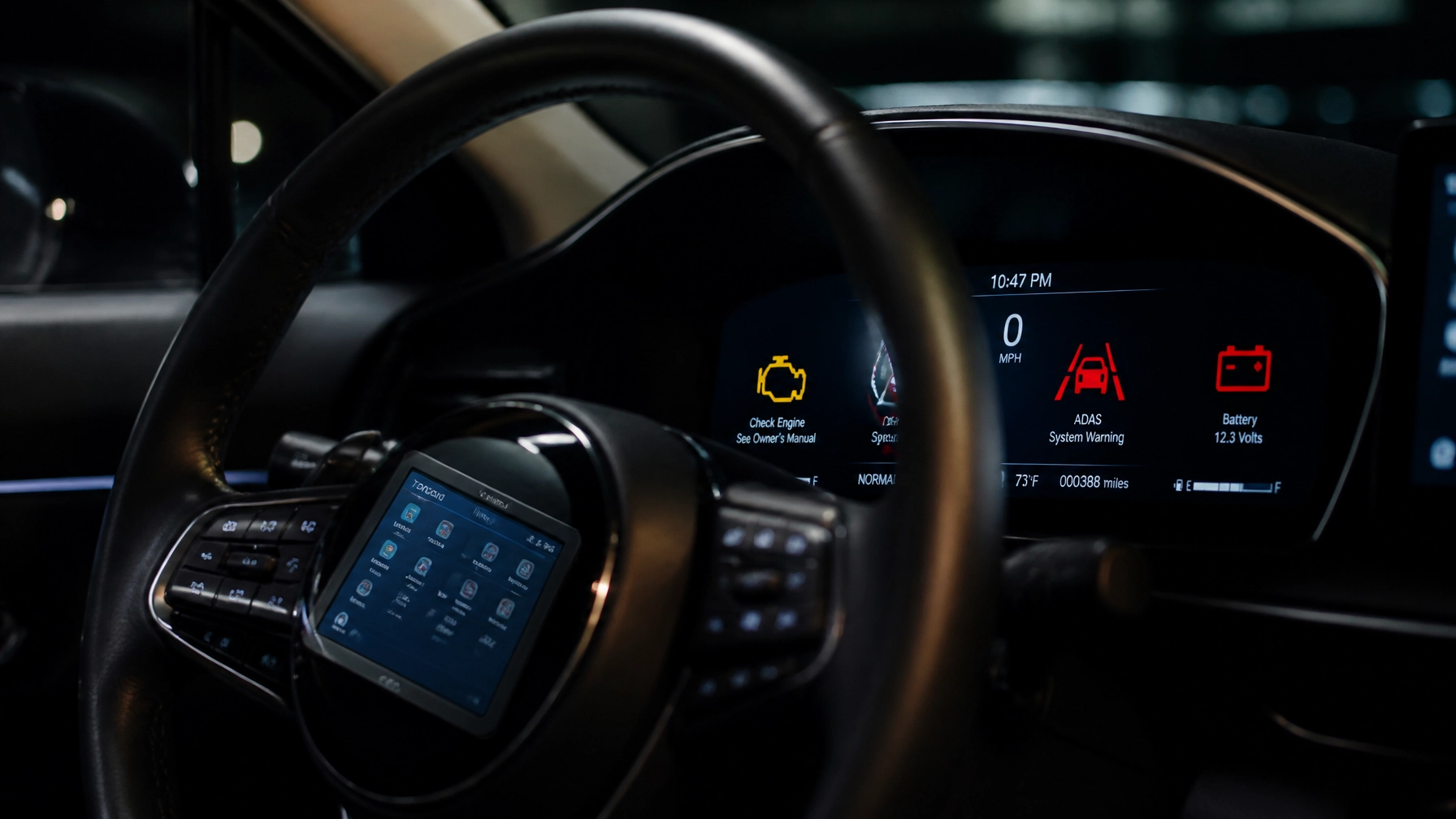 Modern car dashboard displaying engine check light and diagnostic information.