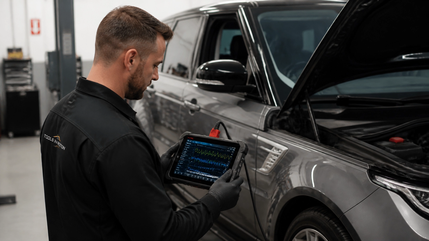 Technician using diagnostic scanner on vehicle at Tools in Motion.