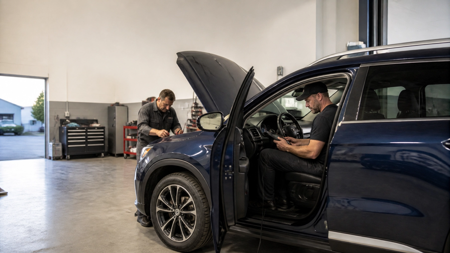 Technicians performing vehicle diagnostics in a modern auto repair shop.