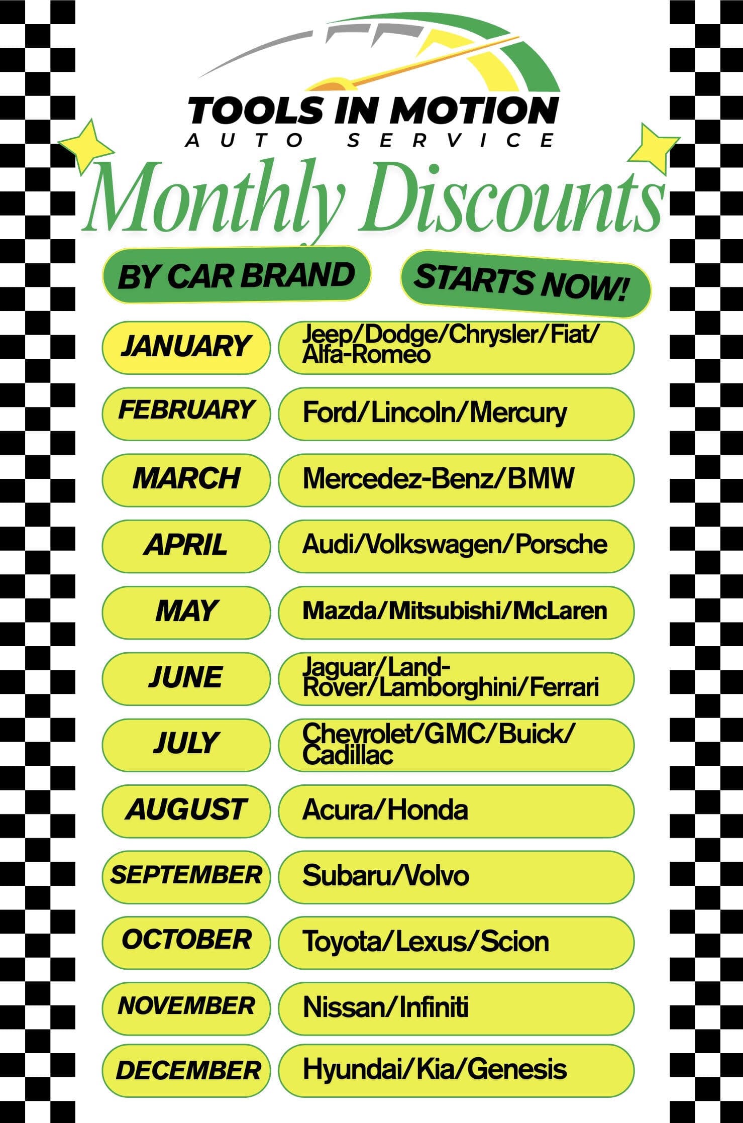 Auto service discounts by car brand at Tools in Motion.