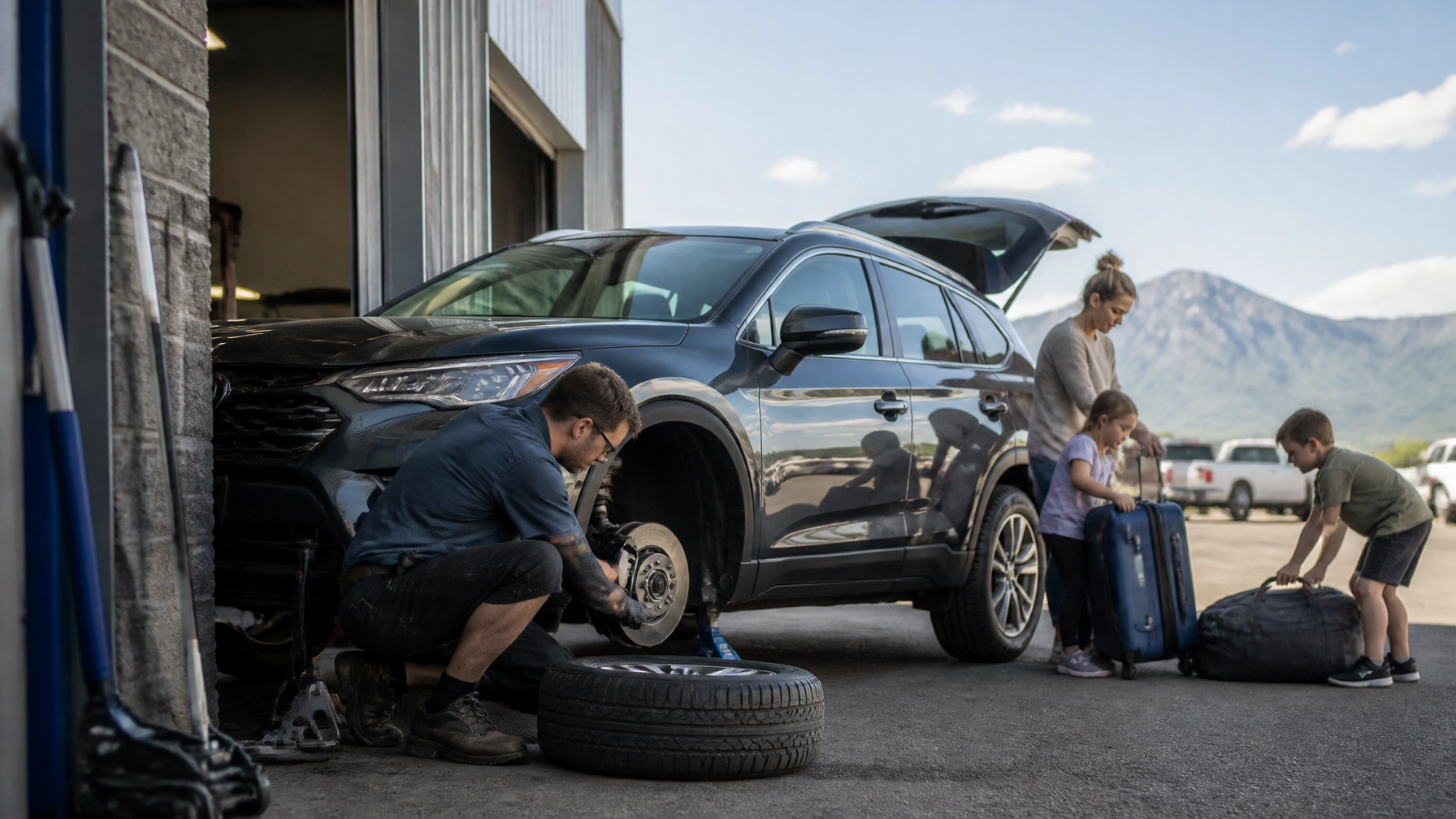 Family at Tools in Motion auto repair shop with car and luggage.