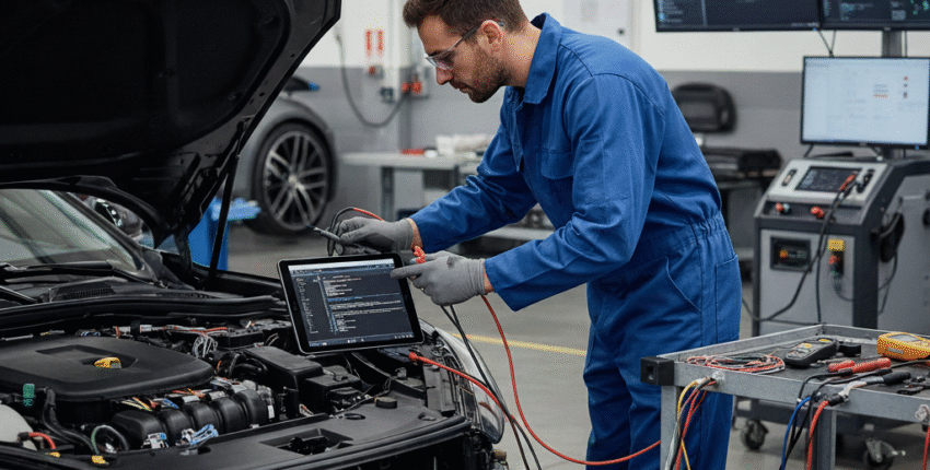 Electrical repair technician diagnosing vehicle electrical system.