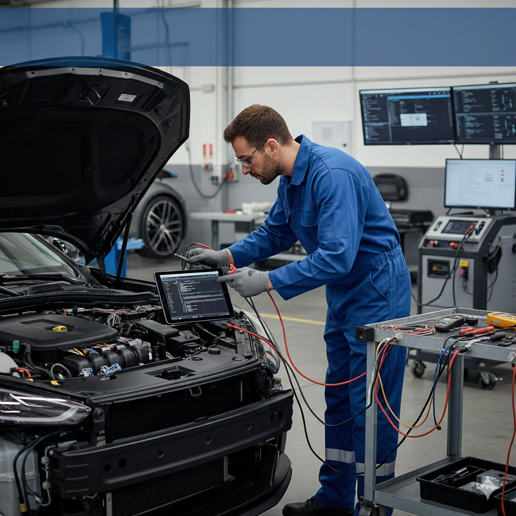 Electrical repair technician diagnosing vehicle electrical system.