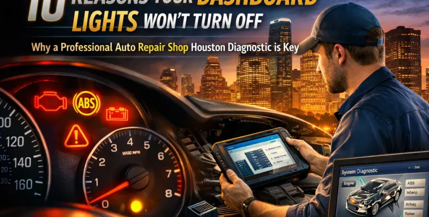 Auto repair dashboard with diagnostic tools and warning lights.