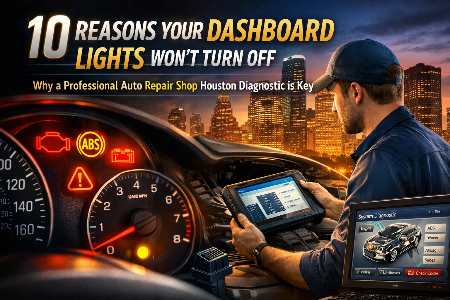 Auto repair dashboard with diagnostic tools and warning lights.