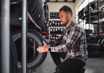 Mechanic choosing tires for car