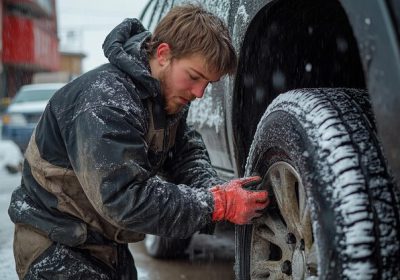 Man repairing a snow-covered off-road vehicle wheel in Weatherford, TX.