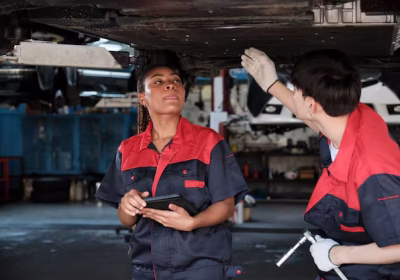 two-mechanic-worker-partners-check-car-undercarriage