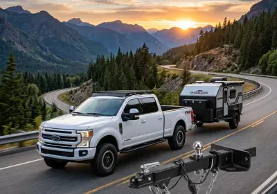 Ford truck towing a trailer with hitch on scenic mountain road at sunset.