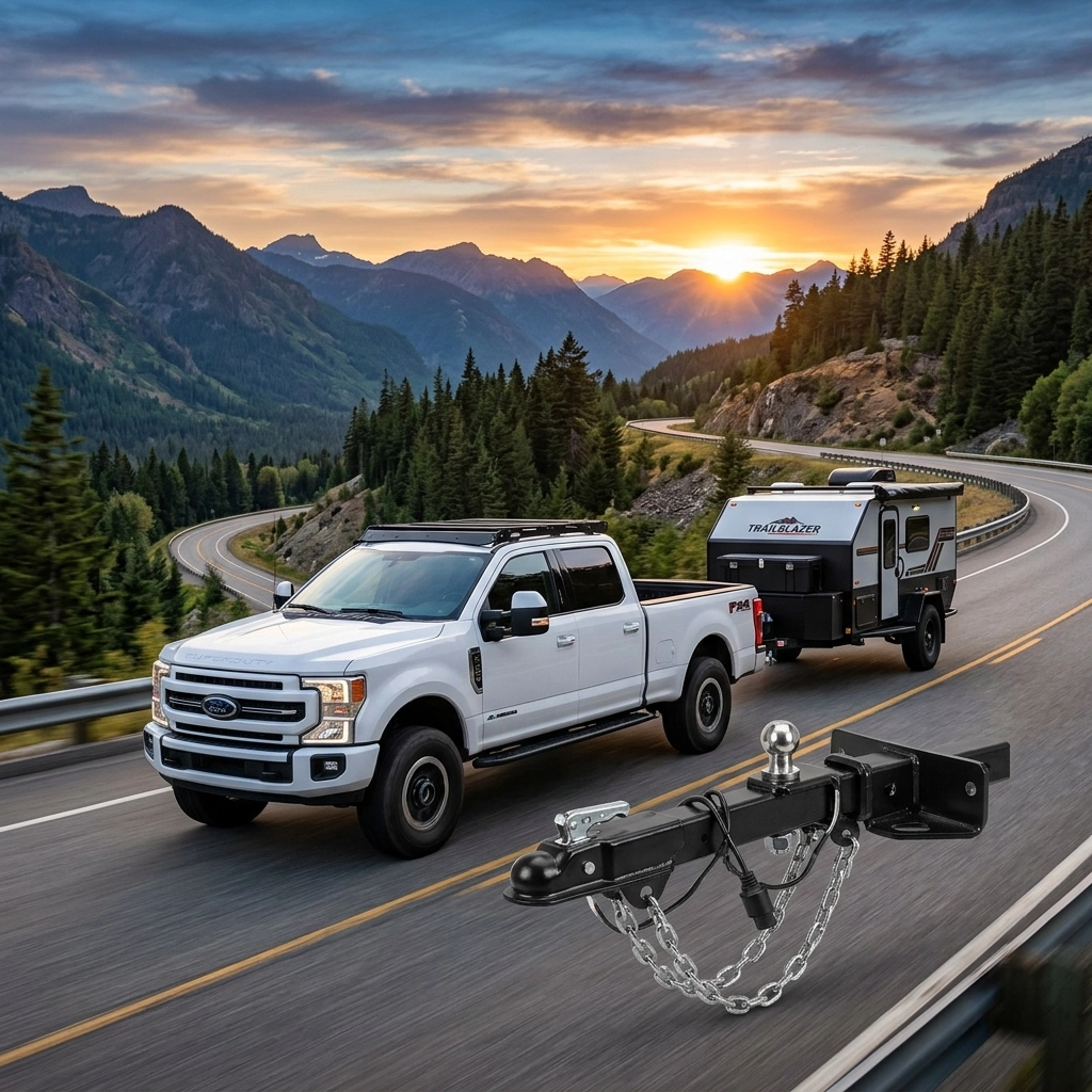 Ford truck towing a trailer with hitch on scenic mountain road at sunset.
