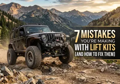Off-road Jeep vehicle on rocky trail with mountain backdrop, highlighting lift kit advice.