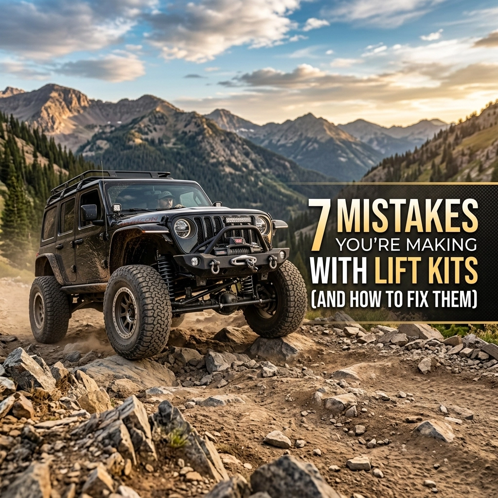 Off-road Jeep vehicle on rocky trail with mountain backdrop, highlighting lift kit advice.