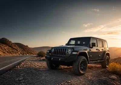 Black off-road Jeep on rugged trail at sunset with scenic mountain view.