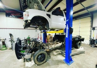 Custom truck being restored at Trendsetters Customs workshop.