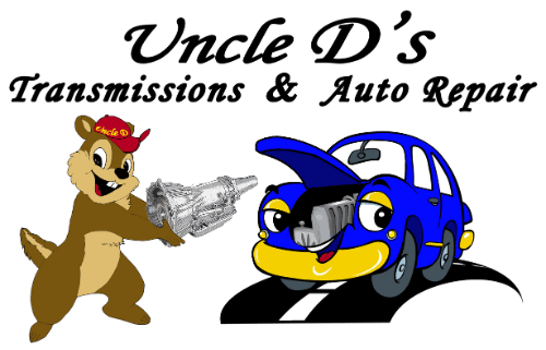 Friendly cartoon bear holding a transmission with a smiling car in the background.