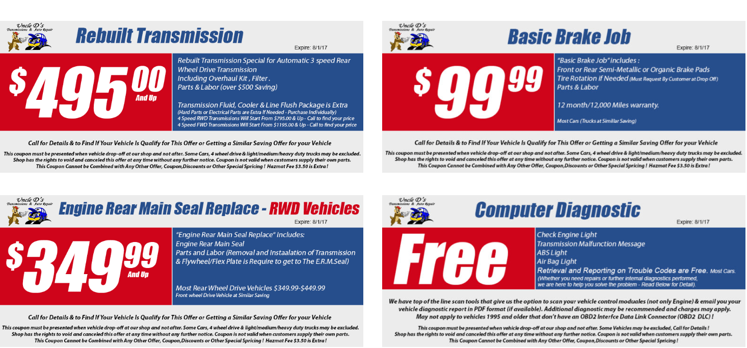 Rebuilt transmission for various car models at Uncle D’s Transmissions. Expert auto repair and trans.