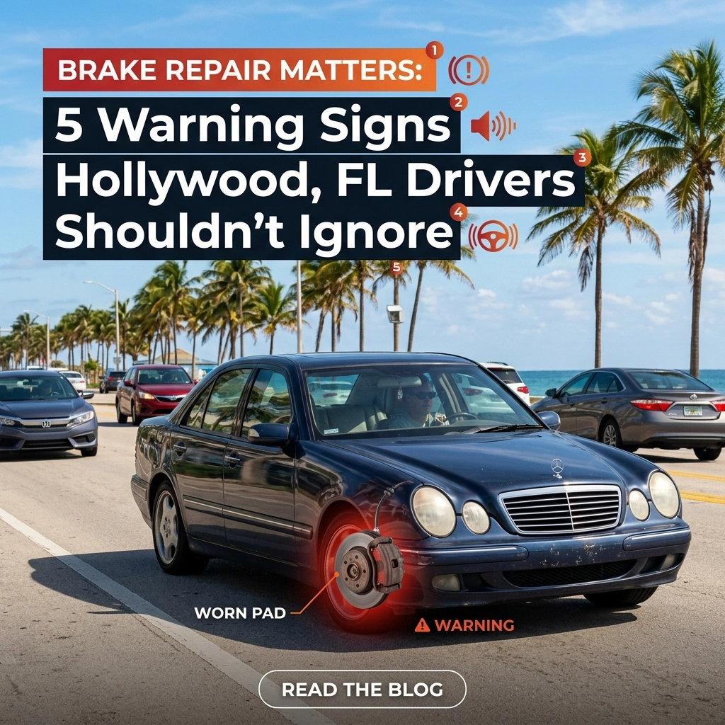 Warning signs of brake issues in Hollywood, FL cars, including worn pads and warning lights.