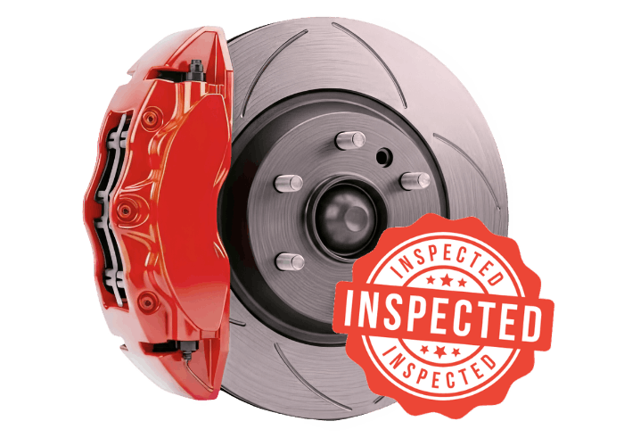 Car brake disc and red caliper with inspected badge for safety check.