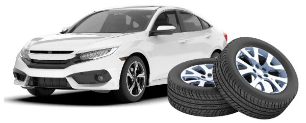 White sedan with new tires displayed at Universal Tire Tire Center.