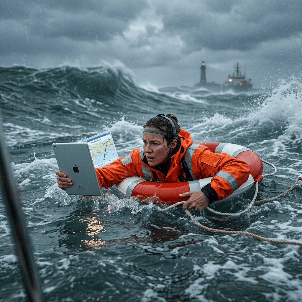 Personne en détresse en mer utilisant un iPad pour la navigation.