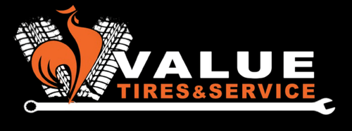 Value Tires & Service logo featuring tire tracks and a wrench for auto repair and tire services.