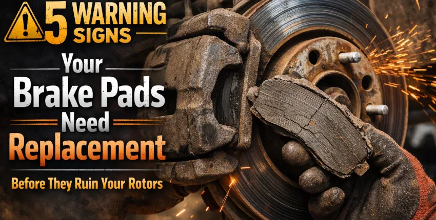 Warning signs indicating brake pad replacement to prevent rotor damage and ensure vehicle safety.