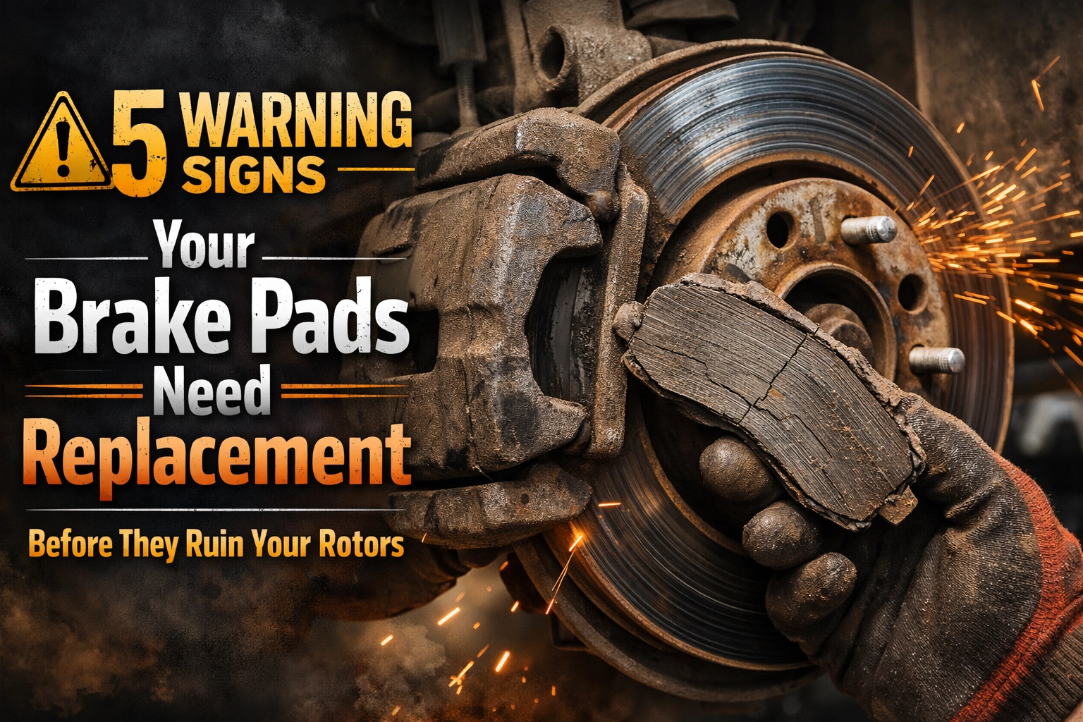 Warning signs indicating brake pad replacement to prevent rotor damage and ensure vehicle safety.