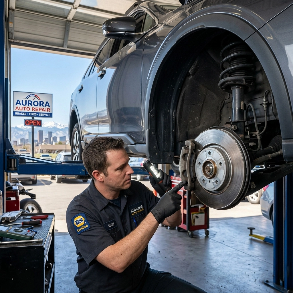 Technician inspecting a car's brake system at Value Tires & Service.