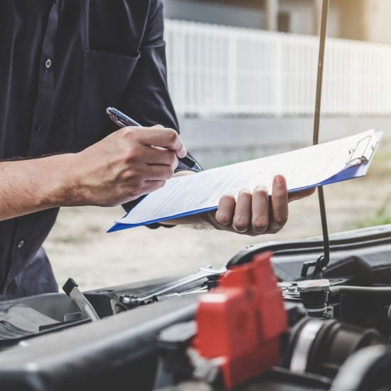 Technician inspecting vehicle under the hood during service at Value Tires & Service.