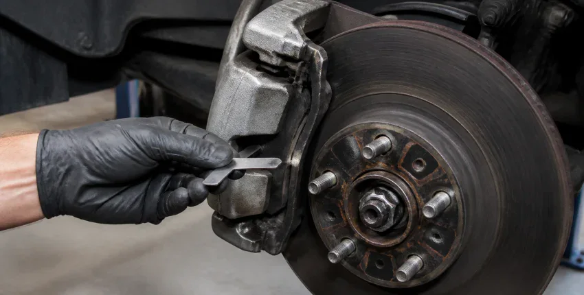 Technician inspecting brake caliper and rotor at Value Tires & Service.