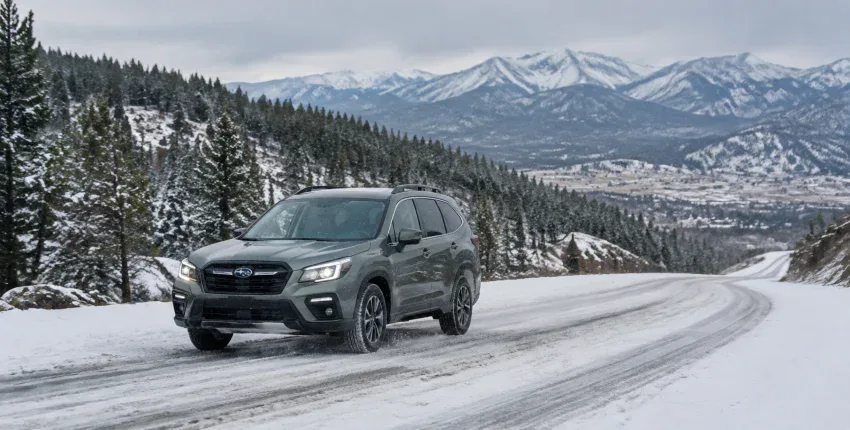 Black SUV driving on snowy mountain road with pine trees and snow-capped peaks.
