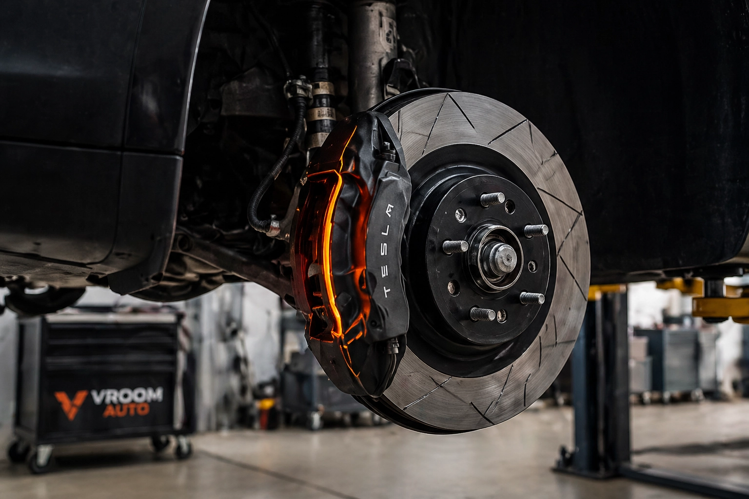 Tesla brake caliper and disc brake assembly in a repair shop.