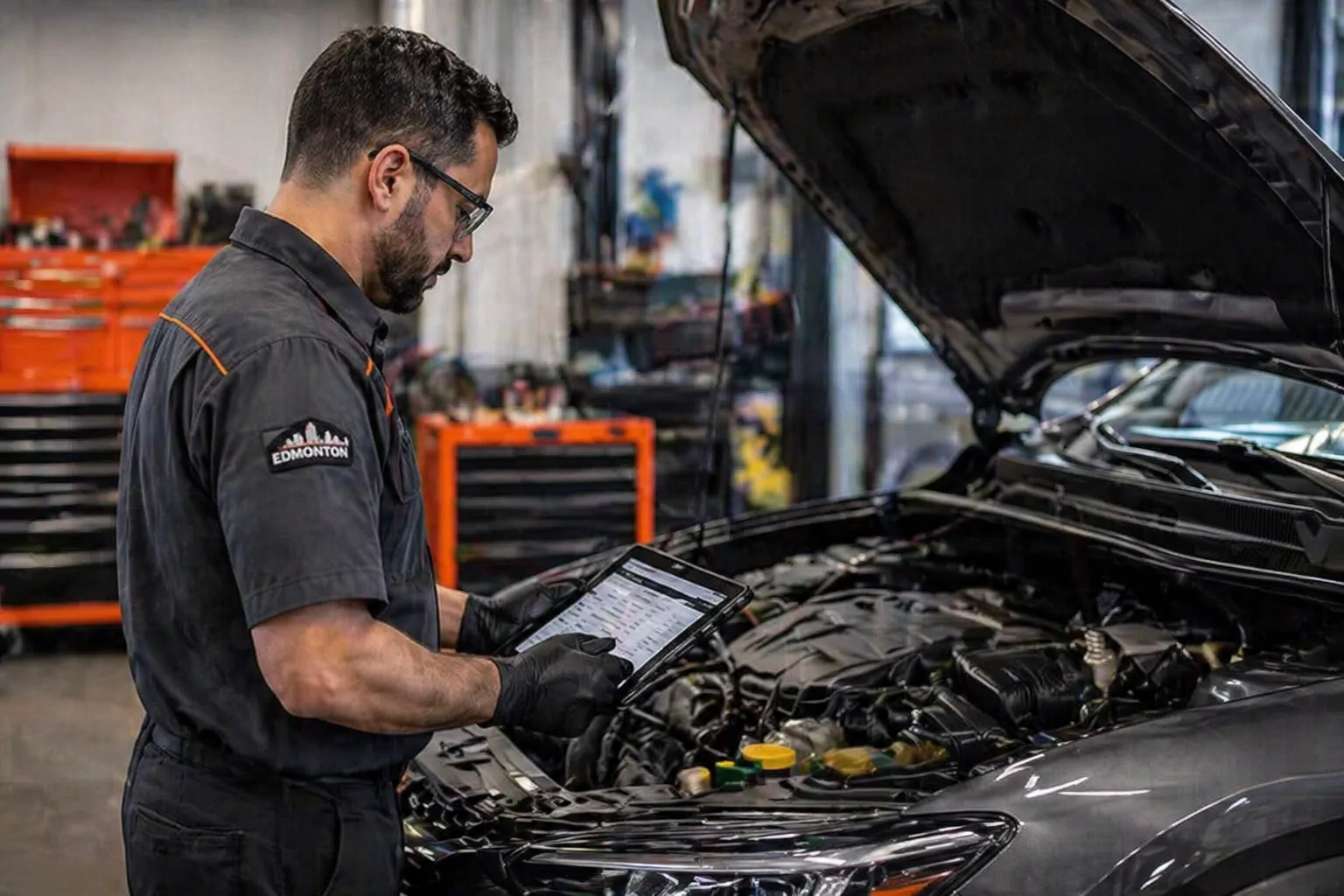 Automotive technician inspecting car engine with diagnostic tablet at Vroom Auto.