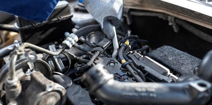 Engine components and repair services in a vehicle engine bay.