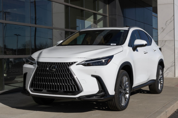 White Lexus RX luxury SUV parked outside Wallace Automotive dealership.