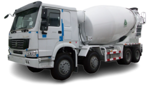 White cement mixer truck parked outdoors, ready for construction work.