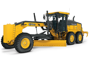 Heavy-duty John Deere road grader for construction and road maintenance.