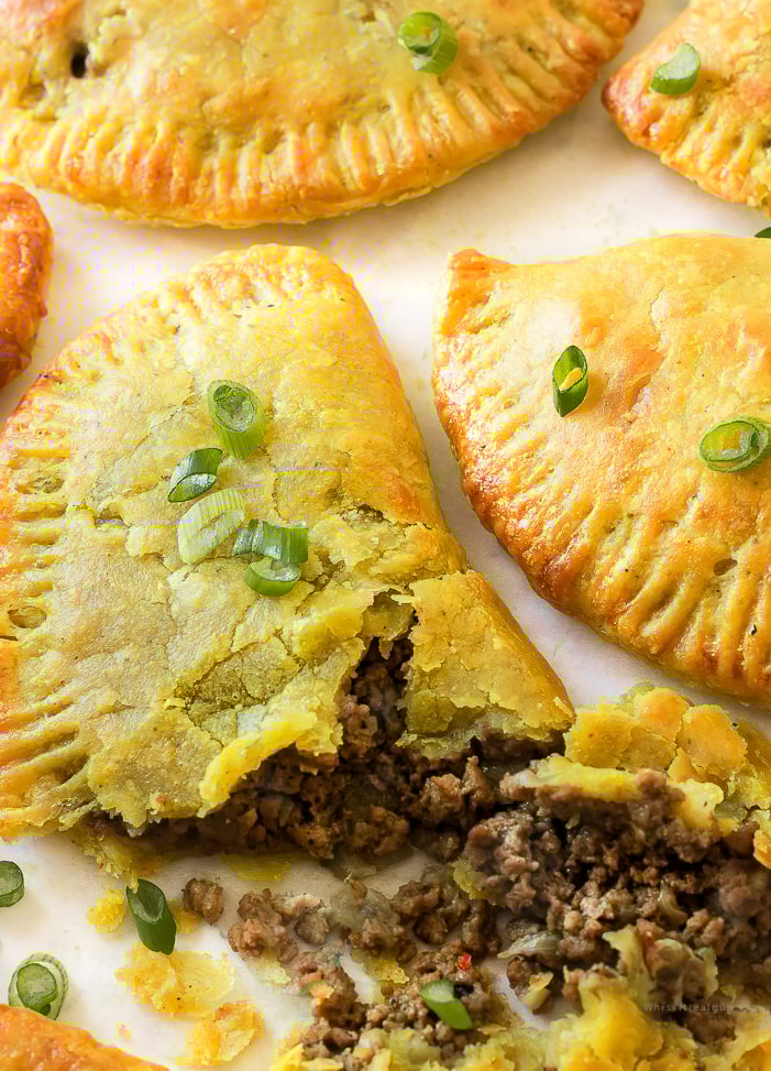 Close-up of flaky pastry crust on Jamaican beef patty”