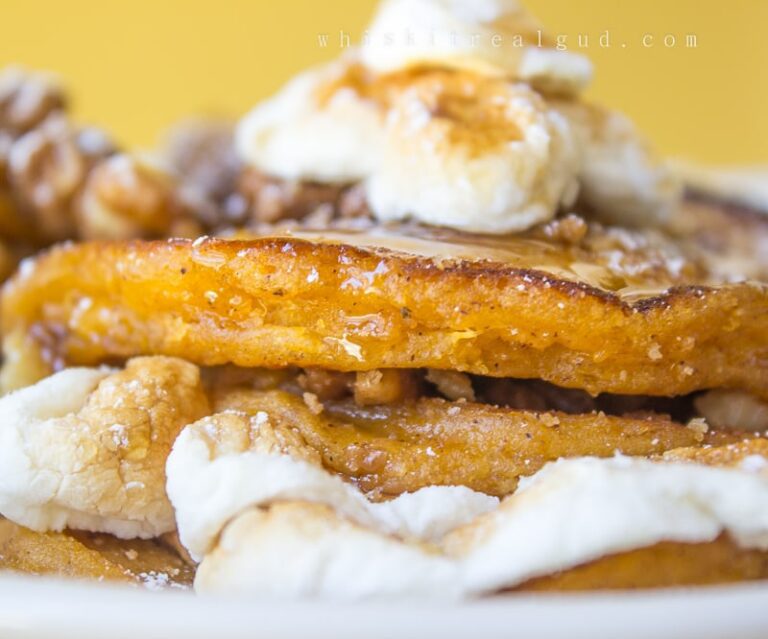 Sweet Potato Maple Pie Pancakes With Candied Walnuts and Marshmallows