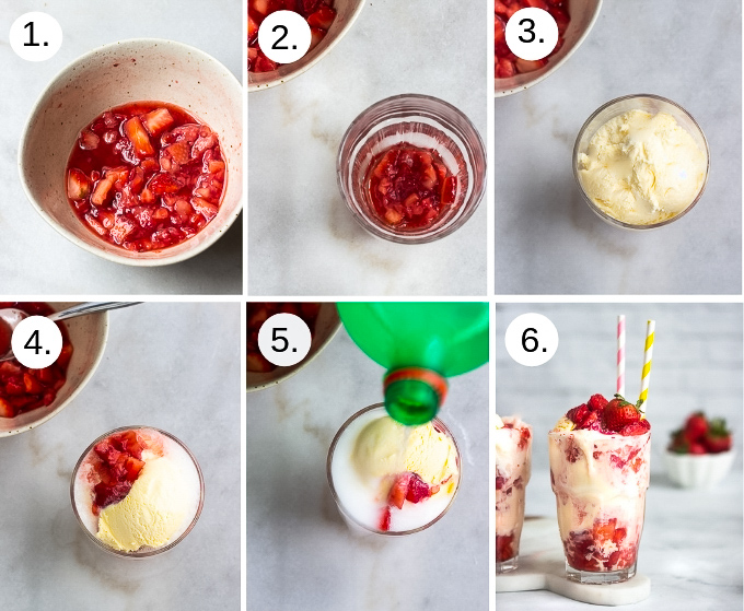 step by step instruction on how to make a strawberry ice cream float