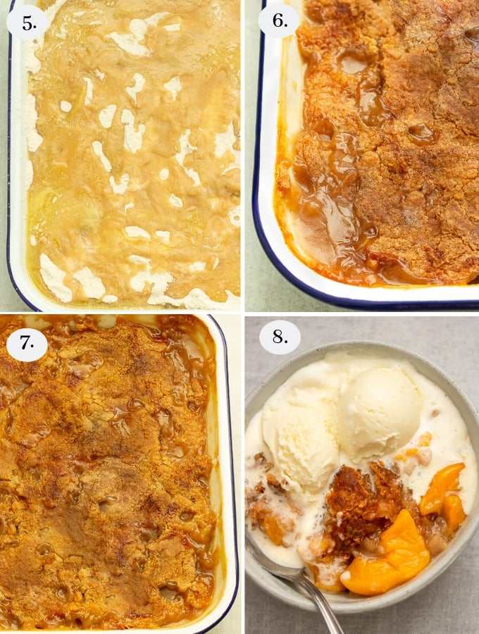 Step by step pics on how to make peach cobbler using canned peaches. Fresh peaches can be used as well
