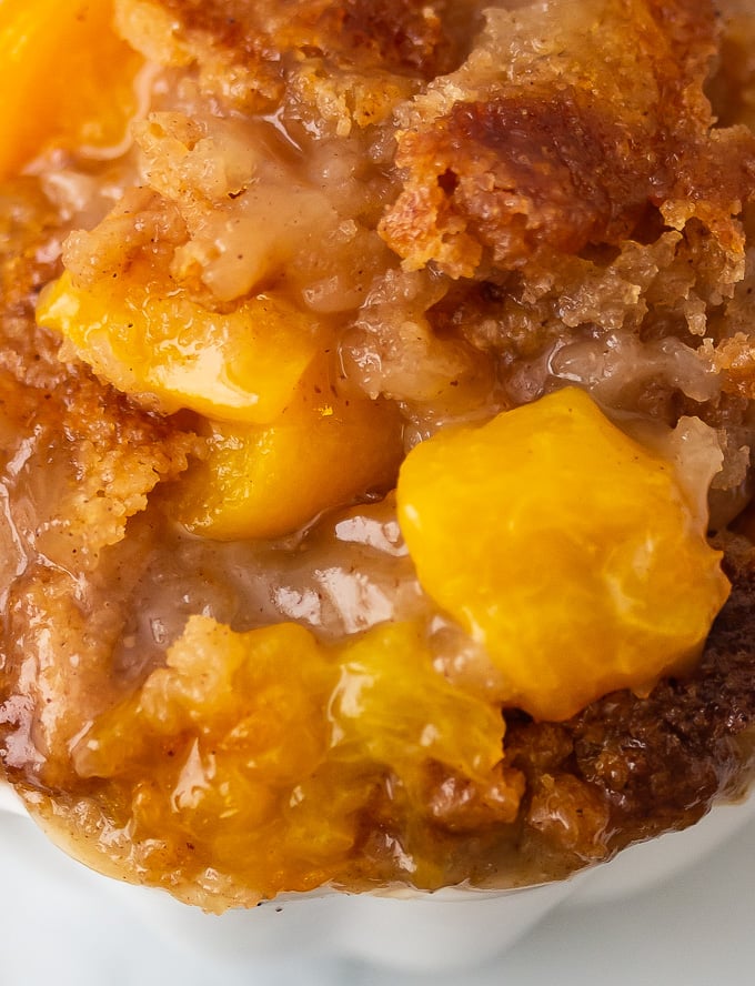 A closeup of old fashioned peach cobbler 