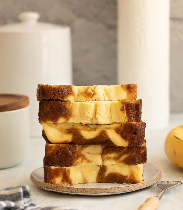 A picture of cream cheese banana bread with swirls
