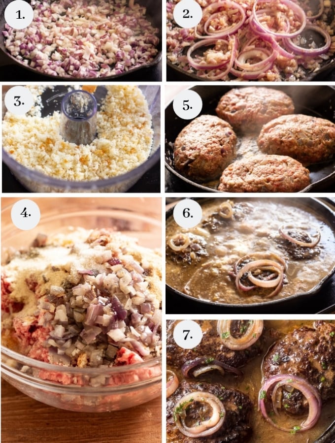 How to make salisbury steak step with pictures. A picture of bread crumbs, sauteed onion cooking in a skillet, seasoned beef mixture and beef patties cooking in the skillet.