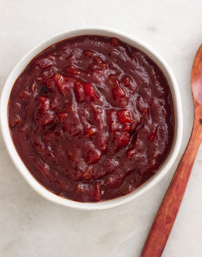 A bowl of thick bbq sauce 