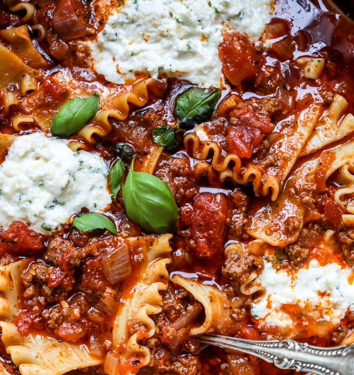 A picture of a closeup of one pot lasagna soup 