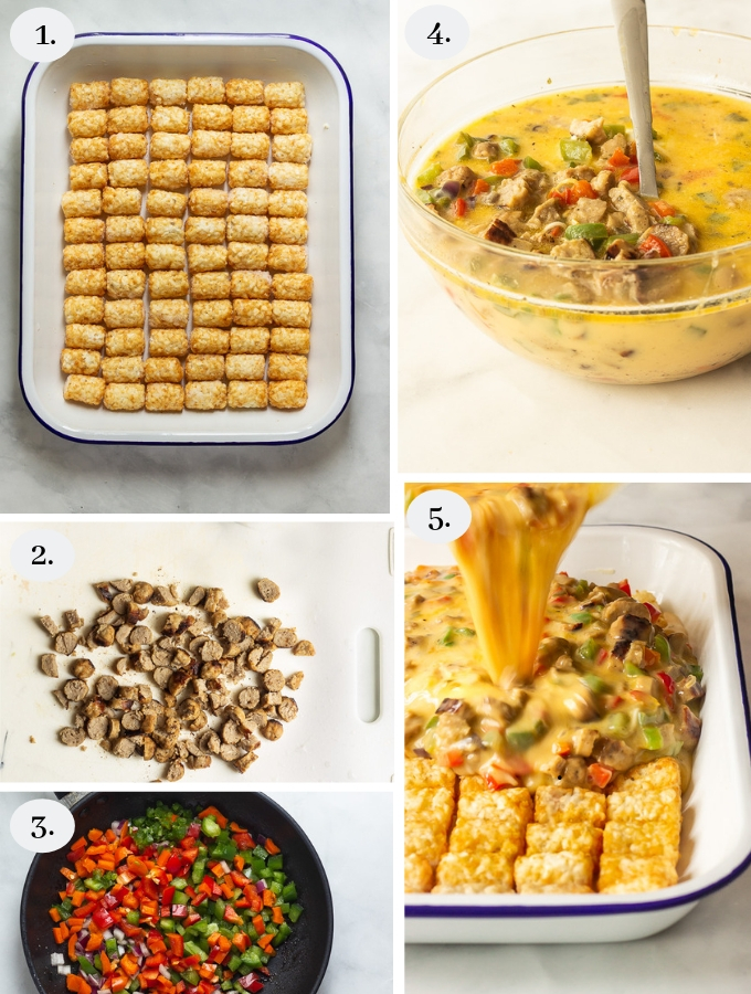 A tater tot breakfast casserole with crispy tater tots, eggs, melted cheese, sausages, peppers and onions.